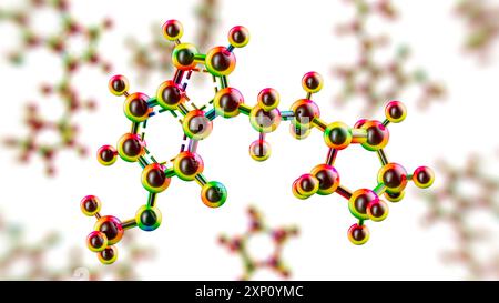 Darstellung der Struktur der synthetischen Verbindung 4-F,5-MEO-PyrT, die von 5-MEO-DMT (5-Methoxy-N,N-dimethyltryptamin) abgeleitet wird, einer halluzinogenen Verbindung, die von der Colorado-Flusskröte (Incilius alvarius) sekretiert wird. 4-F,5-MEO-PyrT interagiert mit 5-HT1A-Serotoninrezeptoren und zeigte Anti-Angstwirkungen, ohne halluzinogene Trips zu induzieren. Stockfoto