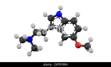 Darstellung einer Detailansicht des 5-Methoxy-N,N-Dimethyltryptamin (5-MEO-DMT)-Moleküls. 5-MEO-DMT vorkommende psychedelische Substanz der Tryptamin-Klasse, bekannt für ihre potente geistig verändernde Wirkung. Stockfoto