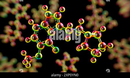Darstellung der Struktur der synthetischen Verbindung 4-F,5-MEO-PyrT, die von 5-MEO-DMT (5-Methoxy-N,N-dimethyltryptamin) abgeleitet wird, einer halluzinogenen Verbindung, die von der Colorado-Flusskröte (Incilius alvarius) sekretiert wird. 4-F,5-MEO-PyrT interagiert mit 5-HT1A-Serotoninrezeptoren und zeigte Anti-Angstwirkungen, ohne halluzinogene Trips zu induzieren. Stockfoto