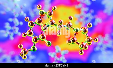 Darstellung der Struktur der synthetischen Verbindung 4-F,5-MEO-PyrT, die von 5-MEO-DMT (5-Methoxy-N,N-dimethyltryptamin) abgeleitet wird, einer halluzinogenen Verbindung, die von der Colorado-Flusskröte (Incilius alvarius) sekretiert wird. 4-F,5-MEO-PyrT interagiert mit 5-HT1A-Serotoninrezeptoren und zeigte Anti-Angstwirkungen, ohne halluzinogene Trips zu induzieren. Stockfoto