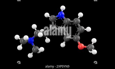 Darstellung einer Detailansicht des 5-Methoxy-N,N-Dimethyltryptamin (5-MEO-DMT)-Moleküls. 5-MEO-DMT vorkommende psychedelische Substanz der Tryptamin-Klasse, bekannt für ihre potente geistig verändernde Wirkung. Stockfoto