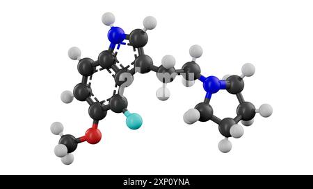 Darstellung der Struktur der synthetischen Verbindung 4-F,5-MEO-PyrT, die von 5-MEO-DMT (5-Methoxy-N,N-dimethyltryptamin) abgeleitet wird, einer halluzinogenen Verbindung, die von der Colorado-Flusskröte (Incilius alvarius) sekretiert wird. 4-F,5-MEO-PyrT interagiert mit 5-HT1A-Serotoninrezeptoren und zeigte Anti-Angstwirkungen, ohne halluzinogene Trips zu induzieren. Stockfoto