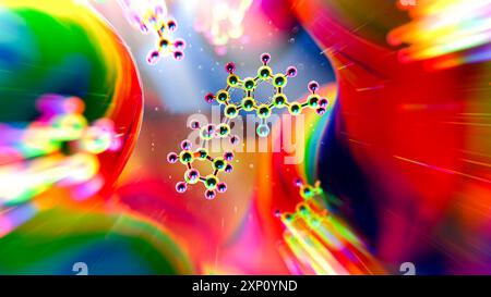 Darstellung der Struktur der synthetischen Verbindung 4-F,5-MEO-PyrT, die von 5-MEO-DMT (5-Methoxy-N,N-dimethyltryptamin) abgeleitet wird, einer halluzinogenen Verbindung, die von der Colorado-Flusskröte (Incilius alvarius) sekretiert wird. 4-F,5-MEO-PyrT interagiert mit 5-HT1A-Serotoninrezeptoren und zeigte Anti-Angstwirkungen, ohne halluzinogene Trips zu induzieren. Stockfoto
