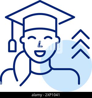 Lächelnde junge Frau mit Abschlussmütze und Kleid mit Pfeilen nach oben. Karrieremöglichkeiten durch Hochschulbildung. Pixel Perfect Vektor-Symbol Stock Vektor