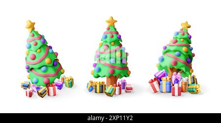 3D-Set mit weihnachtsbaum, dekoriert mit Geschenkboxen Stock Vektor