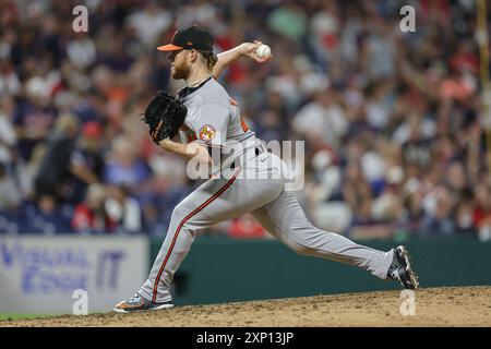 Cleveland, Ohio, USA. August 2024. Der Baltimore Orioles Pitcher CRAIG KIMBREL (46) liefert einen Platz während eines MLB-Spiels gegen die Cleveland Guardians im Progressive Field. Die Wächter schlugen die Orioles mit 8:4. (Kreditbild: © Kim Hukari/ZUMA Press Wire) NUR REDAKTIONELLE VERWENDUNG! Nicht für kommerzielle ZWECKE! Stockfoto