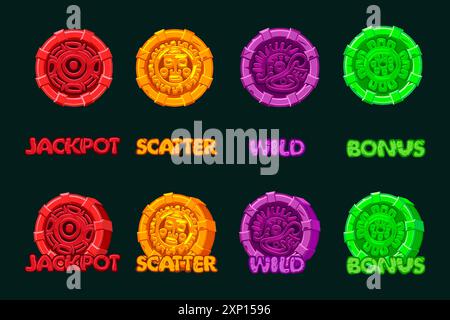 Vektordesign von Symbolen der alten aztekischen Zivilisation, farbige Hieroglyphen des Maya-Kalenders. Jackpot-, Bonus-, Wild- und Scatter-Symbole für Ihr Stock Vektor