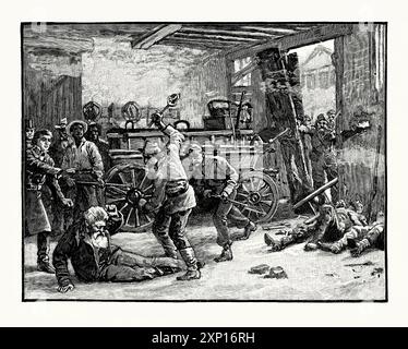 Eine alte Gravur der Gefangennahme der John Brown in einem US-Arsenal bei Harpers Ferry, West Virginia, USA, am 17. Oktober 1859. Es stammt aus einem viktorianischen Geschichtsbuch aus dem jahr 1900. John Browns Angriff auf Harpers Ferry war ein Versuch des Abolitionisten John Brown, eine Sklavenrevolte in den südstaaten zu initiieren, indem er eine Waffenarmee übernahm. Brown flüchtete in das Maschinenhaus des Arsenals. Dies wurde jedoch von US-Marines unter Colonel Robert E. Lee gestürmt. Viele Raider wurden getötet und Brown gefangen genommen. Brown wurde vor Gericht gestellt und angeklagt. Er wurde zum Tode verurteilt und am 2. Dezember 1859 gehängt. Stockfoto