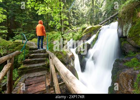 Eine Person steht auf einer hölzernen Brücke mit Blick auf einen rauschenden Wasserfall inmitten von üppigem Grün, eine Szene der Gelassenheit und der Kraft der Natur. Europa, Deutschland, Bla Stockfoto