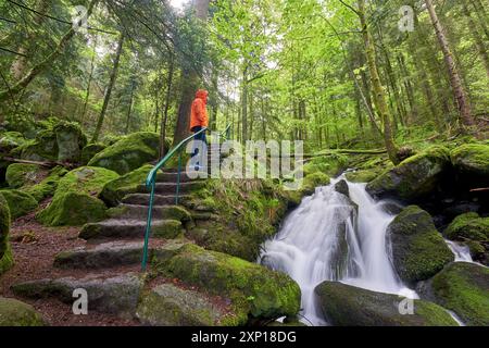 Der Wasserfall stürzt über moosbedeckte Felsen, die von einer Person in orangefarbener Jacke umgeben sind, umgeben von grünem Waldlaub, ein Gefühl der Erkundung. Europa, Keim Stockfoto
