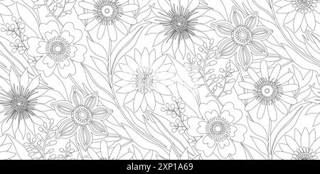 Half Drop Floral nahtloses Muster des Fantasy Blumenfeldes - Schwarze dünne Linie Zeichnung auf weißem Hintergrund. Tapetendesign für Textilien, Papiere, Drucke, Mode, Wrappings, Ausmalseiten. Stock Vektor