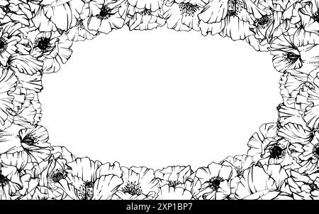 Hand gezeichnete Vektor-Grafik botanische Illustration Blumen Blätter. Roter Mohn Papaver, Stiele Knospen Samenkörner. Rahmen isoliert auf weißem Hintergrund Stock Vektor