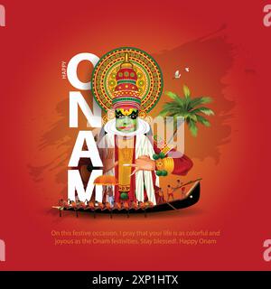 Kerala Festival Happy Onam mit kathakali Gesicht, für Poster, Faltblatt, Banner. Abstraktes Vrctor-Illustrationsdesign Stock Vektor