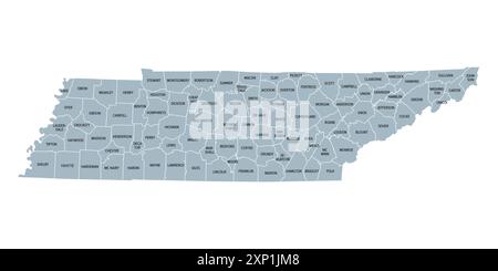 Tennessee, unterteilt in 95 Countys, graue politische Karte mit Grenzen und County-Namen. Binnenstaat im Südosten der USA. Stockfoto