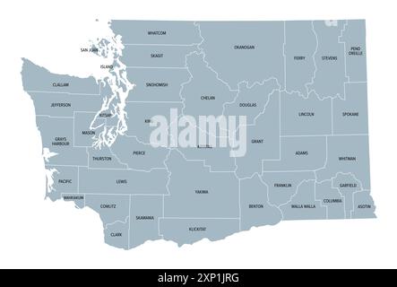 Washington, US-Bundesstaat, unterteilt in 39 Countys, graue politische Karte mit Grenzen und County-Namen. Westlichster Bundesstaat im Pazifischen Nordwesten. Stockfoto