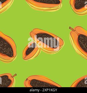 Nahtloses Papaya-Muster. Farbenfroher Hintergrund. Lebensmitteldruck ideal zum Bedrucken von Stoffen, Geschenkpapier und Tapeten Stock Vektor