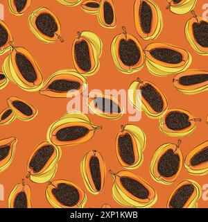 Nahtloses Papaya-Muster. Farbenfroher Hintergrund. Lebensmitteldruck ideal zum Bedrucken von Stoffen, Geschenkpapier und Tapeten Stock Vektor
