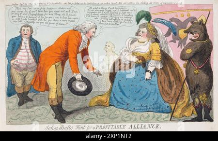 Eine lustige humorvolle, farbige Gravur mit Cartoondruck von John Bulls Hinweis für eine profitable Allianz, Aquarellätzung auf Papier menschliche Karikaturen aus der georgischen Ära des 19. Jahrhunderts, geschaffen von Isaac Cruikshank antiken Vintage-Kunstwerken Stockfoto