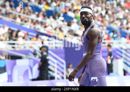 Saint Denis, Frankreich. August 2024. Olympische Spiele, Paris 2024, Leichtathletik, Stade de France, Vorspiele, 100 m, Männer, Heats, Kenneth Bednarek aus den USA. Quelle: Sven Hoppe/dpa/Alamy Live News Stockfoto