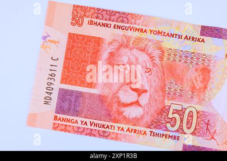 Es gibt die südafrikanische Nationalbank, die Banknoten in einer Rückansicht von 50 Rands ausgibt Stockfoto