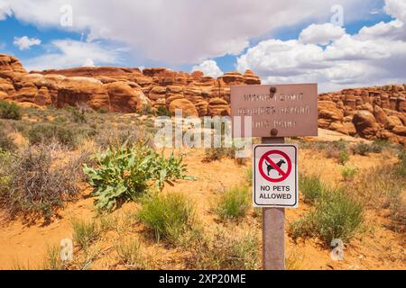 Ein Schild, das darauf hinweist, dass über diesen Punkt hinaus eine Wandererlaubnis erforderlich ist und keine Haustiere auf dem Fiery Furnace Trail im Arches National Park erlaubt sind, Stockfoto