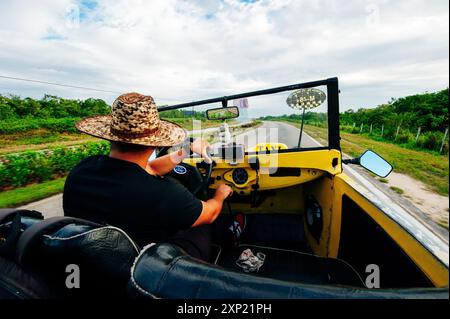 Gelber Taxifahrer. Rückansicht. Varadero, Kuba - 2. Mai 2024. Hochwertige Fotos Stockfoto
