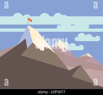 Rote Flagge auf dem Berg. Erfolgskonzept. Spitzenleistung Stock Vektor
