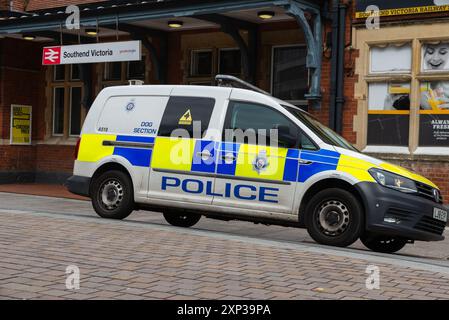 Southend on Sea, Essex, Großbritannien. August 2024. In Southend werden eine Dispersionsanordnung und Sektion-60-Autorität erlassen, nachdem man befürchtet hatte, dass ein wiederholtes „Southend Motive“-Ereignis, bei dem Menschen mit großen Messern an der Küste und der High Street herumliefen, wiederholt zu befürchten war. Die Dispersionsreihenfolge ist heute von 14:00 Uhr bis Sonntag (4. August) 14:00 Uhr und die Sektion 60 ab 15:00 Uhr für 24 Stunden gültig. Die Polizei hat sich vor den Bahnhöfen positioniert Stockfoto