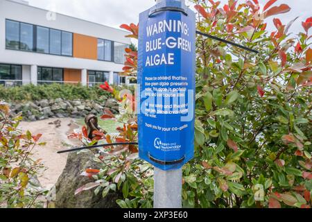 Antrim, Nordirland - 3. August 2024: Warnschild für das Vorhandensein von Blaualgenblüten, Cyanobakterien-toxischen Verschmutzungen am Lough Neagh. Stockfoto