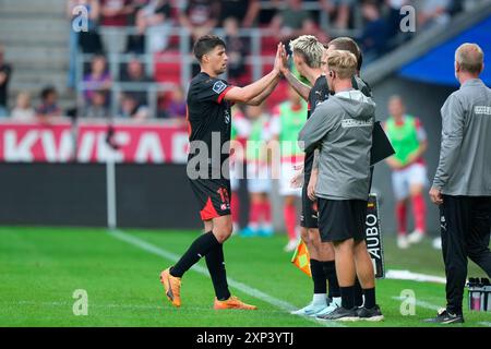 Herning, Dänemark. August 2024. Superliga-Spiel zwischen dem FC Midtjylland und AAB in der MCH Arena in Herning Samstag, 3. August 2024. (Foto: Henning Bagger/Scanpix 2024) Credit: Ritzau/Alamy Live News Stockfoto