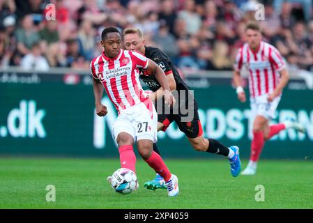 Herning, Dänemark. August 2024. Superliga-Spiel zwischen dem FC Midtjylland und AAB in der MCH Arena in Herning Samstag, 3. August 2024. (Foto: Henning Bagger/Scanpix 2024) Credit: Ritzau/Alamy Live News Stockfoto