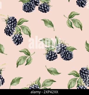 Brombeere, reife Beeren. Aquarellillustration, nahtloses Blumenmuster auf pfirsichrosa Hintergrund mit Sommerfrucht für Tischtextilien, Sommergewebe Stockfoto