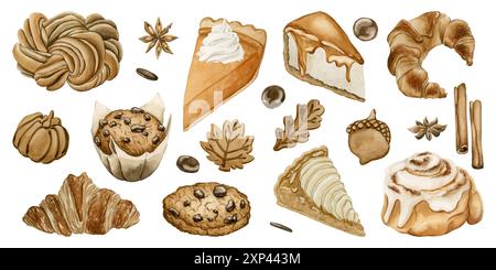 Herbstgebäck und Desserts Clipart. Set mit herbstlichen Süßigkeiten und heißen Getränken. Aquarell Lebensmittelillustration handgemalt isoliert auf weißem Hintergrund für T Stockfoto