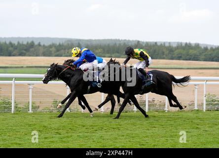 Hott Shott, geritten von Rossa Ryan (rechts) und Spell Master, geritten von Oisin Murphy, beenden in toter Hitze während der britischen Stallion Studs EBF Maiden Stakes am fünften Tag des Qatar Goodwood Festivals auf der Goodwood Racecourse in Chichester. Bilddatum: Samstag, 3. August 2024. Stockfoto