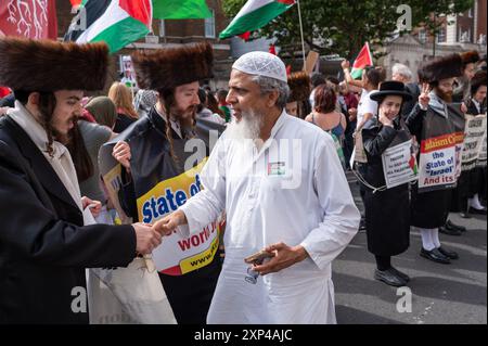 London, UK, 3. August 2024. Mitglieder der jüdischen Gemeinde schütteln sich die Hand mit einem pro-palästinensischen Demonstranten. Pro-palästinensische Demonstranten marschieren in London, um Palästina zu unterstützen, und fordern von der britischen Regierung, ein „wechselseitiges Waffenembargo gegen Israel“ zu verhängen. Quelle: David Tramontan / Alamy Live News Stockfoto