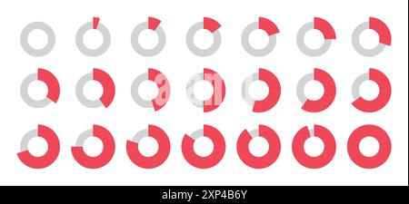 0 bis 100 Infografik geteilte Kreise in Rot und Grau in dünnen und dicken Kreisen neu mit 5, 10, 15, 20, 50, 70, 90, 100 Prozent. Stock Vektor