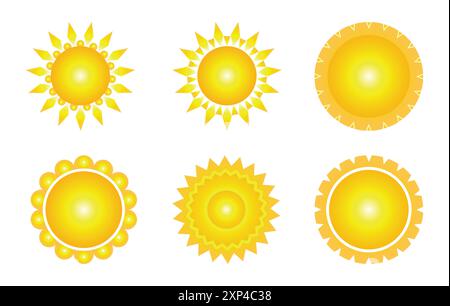 Sonnenvektorsatz von sechs in gelber Farbe im Verlaufsstil auf weißem Hintergrund. Simple Icons Kollektion von Sun. Gelbe Sonne, Sonnenuntergang und Sonnensymbol Set. Stock Vektor