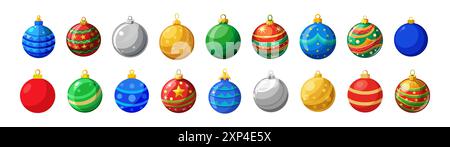 Verschiedene bunte Weihnachtsschmuck mit verschiedenen Designs und Mustern in einer Reihe angeordnet. Isoliert auf weißem Hintergrund, Konzept der Urlaubsdekoration Stock Vektor