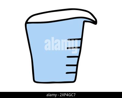 Blaue Illustration des Messbechers auf weißem Hintergrund. Konzept von Küchenutensilien, Kochutensilien, Flüssigkeitsmessungen und Kochutensilien. Desi Stock Vektor