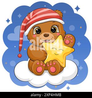 Der süße Cartoon-Braunbär trägt einen Schlummertrunk und hält einen gelben Stern und sitzt auf einer Wolke. Nachtvektor-Illustration auf einem dunkelblauen Hintergrund. Stock Vektor