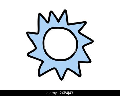 Einfache handgezeichnete Illustration einer Sonne mit stacheligen Strahlen in Blau, in einem minimalistischen und kindlichen Stil gezeichnet. Konzept von Sonne, Wetter, Wärme und verspieltem Design. Isoliert auf weißem Hintergrund. Stock Vektor