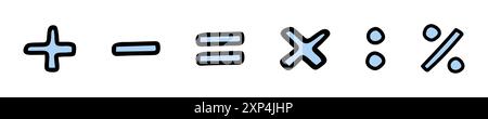Handgezeichnete mathematische Symbole, einschließlich Plus, Minus, gleich, Multiplikation, Division und Prozentzeichen. Konzept der mathematischen Operationen, pädagogischen Ikonen, Mathematik-Lernen, Schulfächer. Designelemente. Stock Vektor