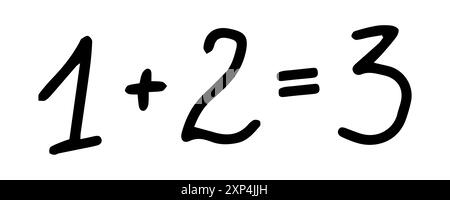 Handgeschriebene schwarze mathematische Gleichung 1 plus 2 ergibt 3, isoliert auf weißem Hintergrund. Begriff mathematischer Symbole, Lehre, Bildung, Lernhilfen, minimalistischer Stil. Drucken, Designelement. Stock Vektor
