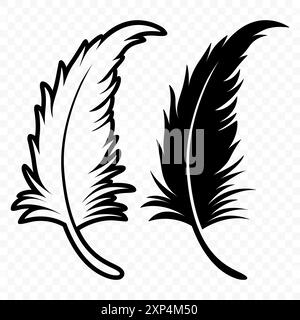 Vector Schwarz und weiß Logosymbole mit flauschigen Federn. Silhouette Feather Set Closeup Isoliert. Designvorlage für Flamingo, Engel, Vogelfeder. Leichtigkeit Stock Vektor