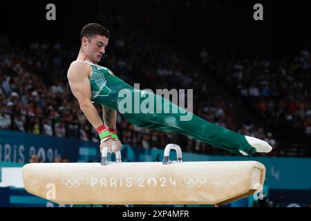 PARIS, FRANKREICH. August 2024. Rhys McClenaghan vom Team Ireland tritt am 8. Tag der Olympischen Spiele 2024 in der Bercy Arena in Paris an. Quelle: Craig Mercer/Alamy Live News Stockfoto
