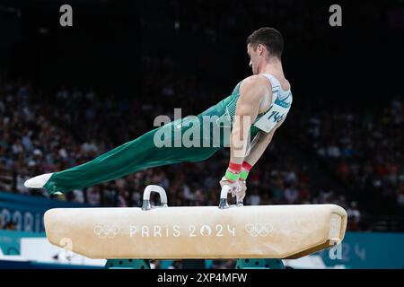 PARIS, FRANKREICH. August 2024. Rhys McClenaghan vom Team Ireland tritt am 8. Tag der Olympischen Spiele 2024 in der Bercy Arena in Paris an. Quelle: Craig Mercer/Alamy Live News Stockfoto