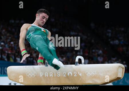 PARIS, FRANKREICH. August 2024. Rhys McClenaghan vom Team Ireland tritt am 8. Tag der Olympischen Spiele 2024 in der Bercy Arena in Paris an. Quelle: Craig Mercer/Alamy Live News Stockfoto