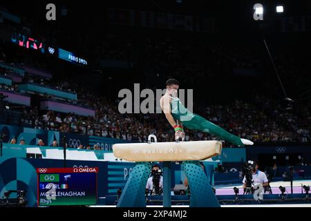 PARIS, FRANKREICH. August 2024. Rhys McClenaghan vom Team Ireland tritt am 8. Tag der Olympischen Spiele 2024 in der Bercy Arena in Paris an. Quelle: Craig Mercer/Alamy Live News Stockfoto