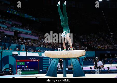 PARIS, FRANKREICH. August 2024. Rhys McClenaghan vom Team Ireland tritt am 8. Tag der Olympischen Spiele 2024 in der Bercy Arena in Paris an. Quelle: Craig Mercer/Alamy Live News Stockfoto