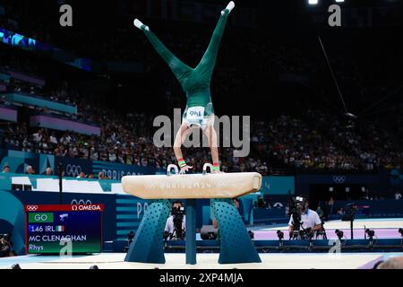 PARIS, FRANKREICH. August 2024. Rhys McClenaghan vom Team Ireland tritt am 8. Tag der Olympischen Spiele 2024 in der Bercy Arena in Paris an. Quelle: Craig Mercer/Alamy Live News Stockfoto